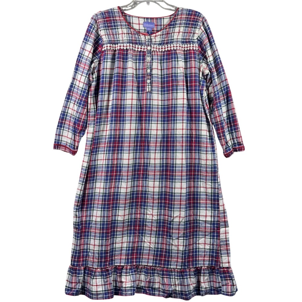 Laura Scott Nightgown Plaid 100% Cotton Flannel Smocked Blue Red White Women XL